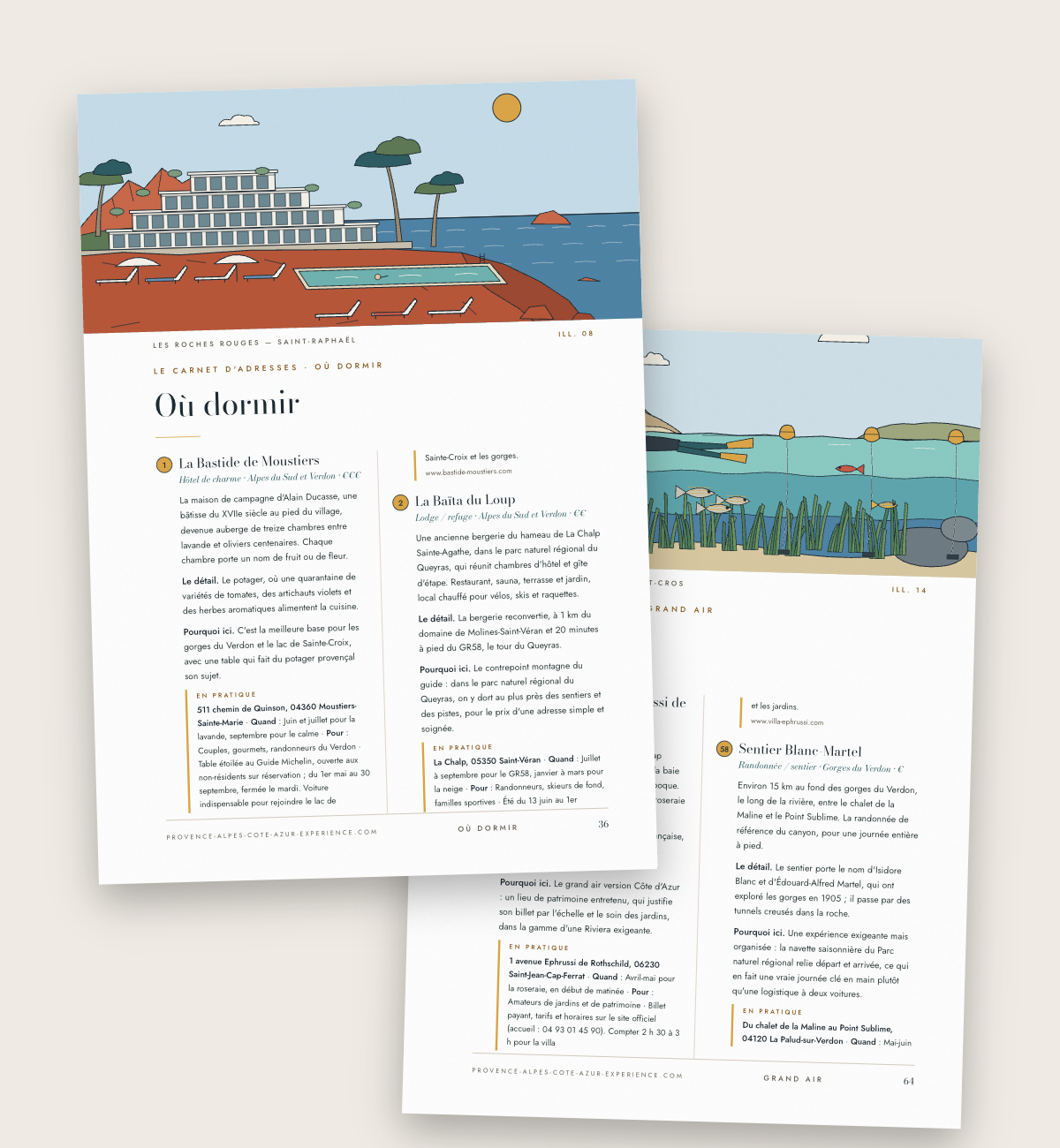 Deux ouvertures de chapitre du Guide Provence-Alpes-Côte d'Azur, Où dormir et Grand air, avec leurs illustrations