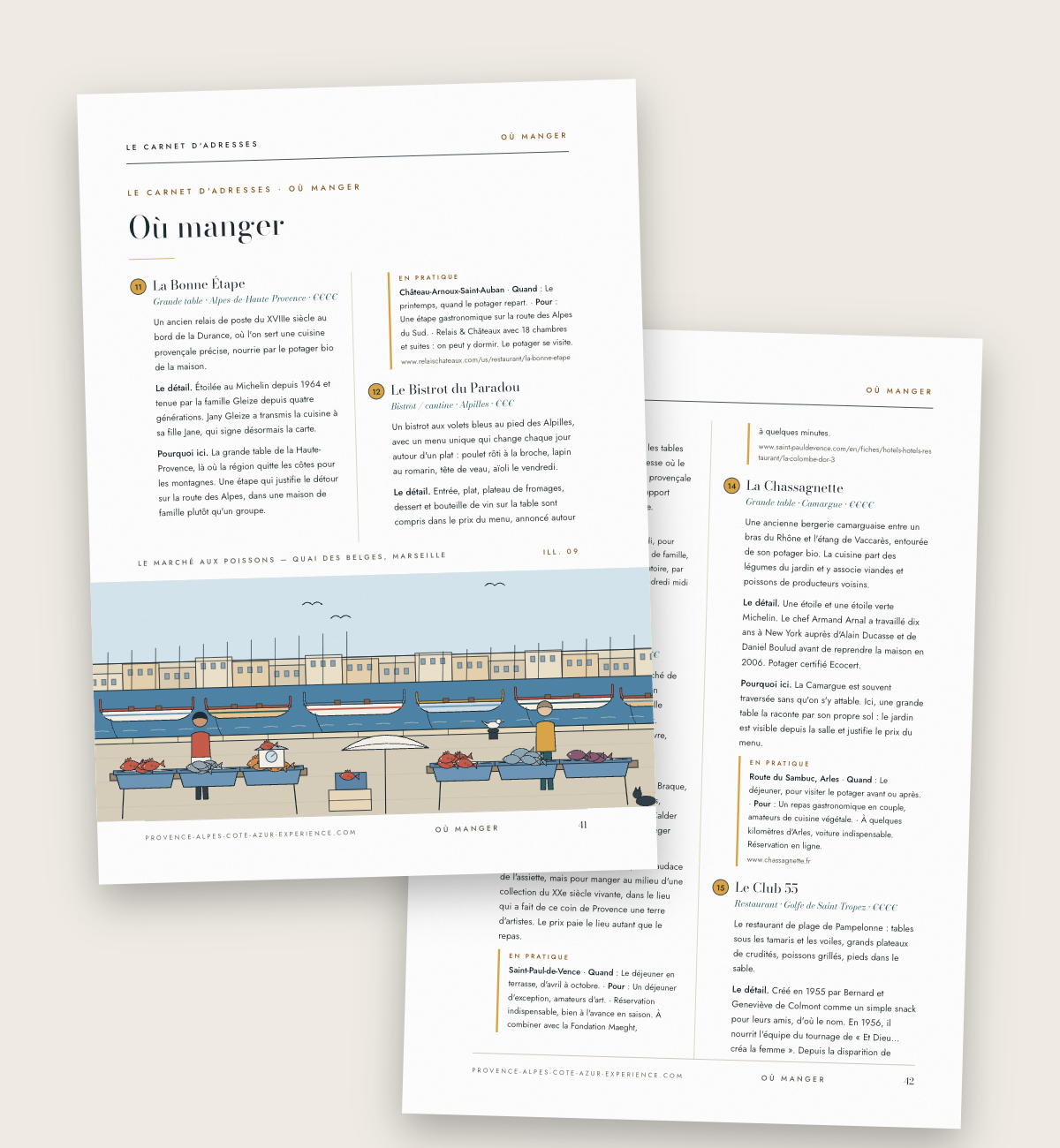 Deux planches du chapitre Où manger, avec la raison de chaque adresse