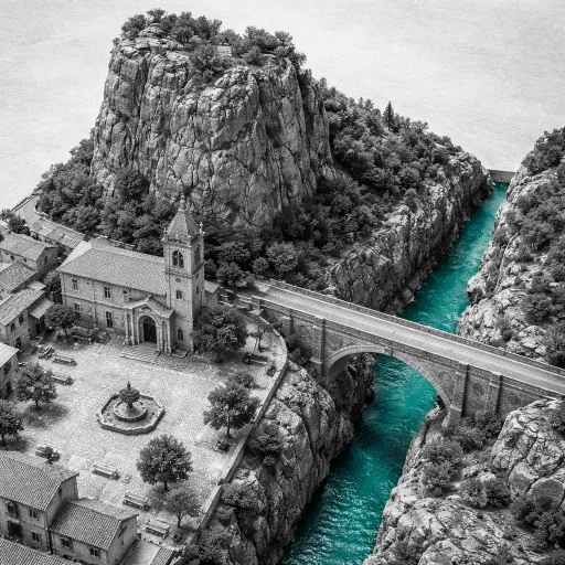 Castellane, porte du Verdon : la place Marcel Sauvaire, le Roc et le pont du Galetas